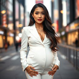 An Asian woman wearing a stylish white suit, standing confidently with a huge round belly