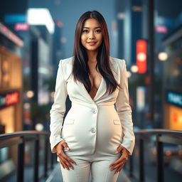 An Asian woman wearing a stylish white suit, standing confidently with a huge round belly