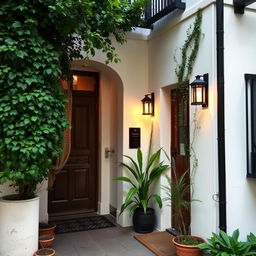 A charming and intimate building entrance with small dimensions, featuring white walls and tall plants