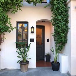 A charming and intimate building entrance with small dimensions, featuring white walls and tall plants