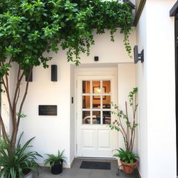 A charming and intimate building entrance with small dimensions, featuring white walls and tall plants