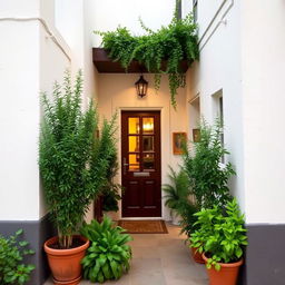 A charming and intimate building entrance with small dimensions, featuring white walls and tall plants