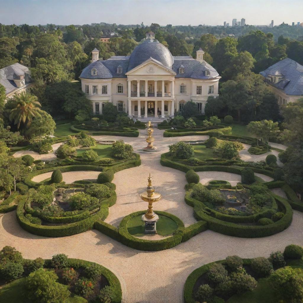 A landscape depicting the essence of wealth and prosperity with a grand mansion, luxury cars, lush gardens, and golden fountains.