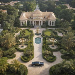 A landscape depicting the essence of wealth and prosperity with a grand mansion, luxury cars, lush gardens, and golden fountains.