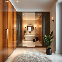 A luxurious wardrobe seamlessly integrated with a modern bathroom design