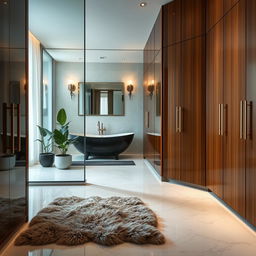 A luxurious wardrobe seamlessly integrated with a modern bathroom design