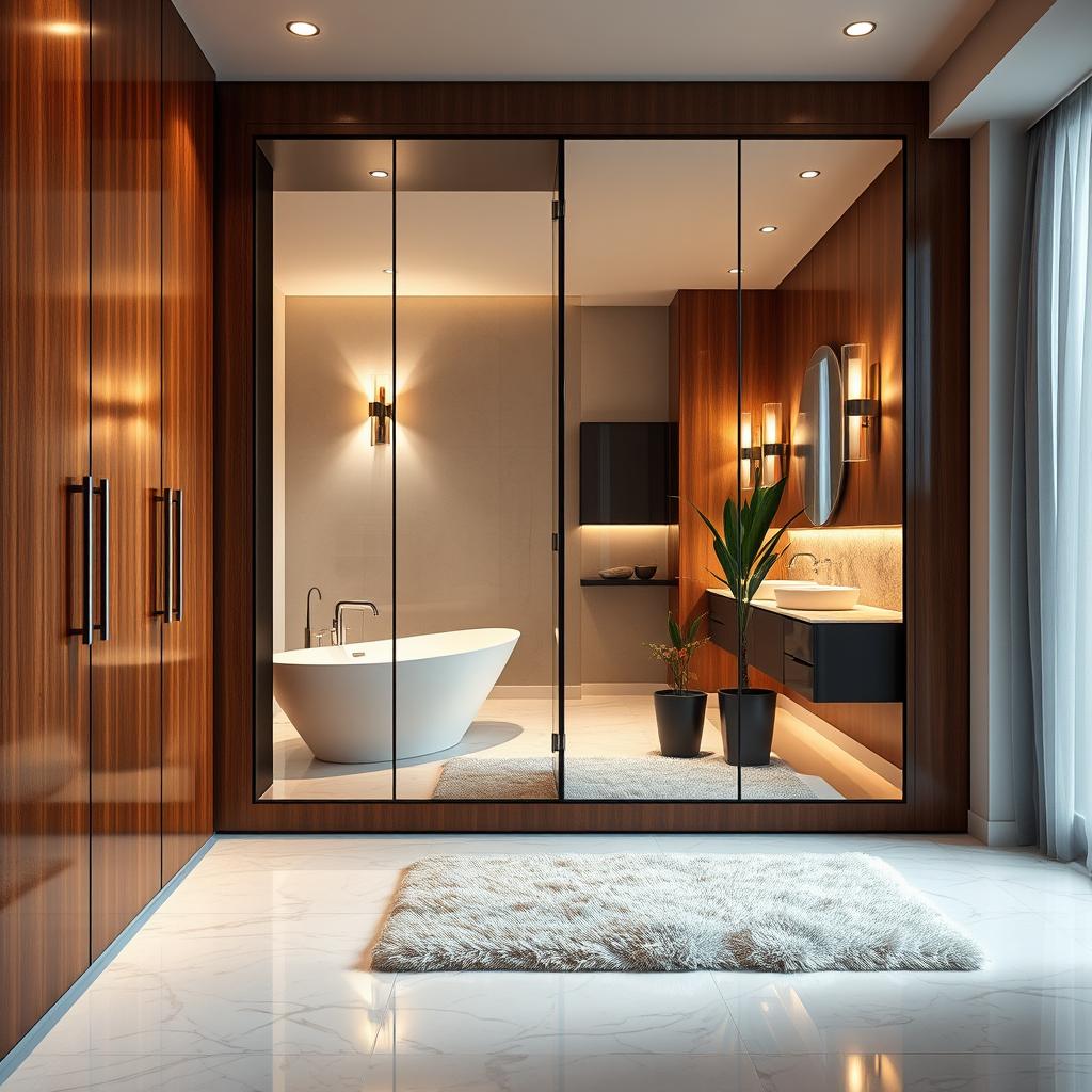 A luxurious wardrobe seamlessly integrated with a modern bathroom design