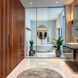 A luxurious wardrobe seamlessly integrated with a modern bathroom design