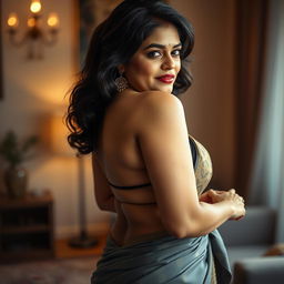 A middle-aged, curvy Tamil woman posing in a glamorous and seductive manner, showcasing her waist from the side while wearing a low hip saree