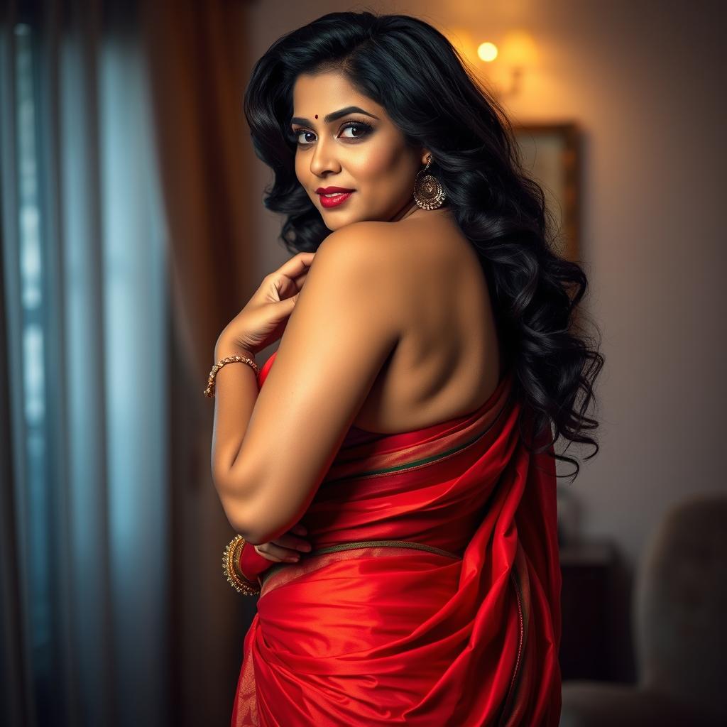 A middle-aged, curvy Tamil woman posing in a glamorous and seductive manner, showcasing her waist from the side while wearing a low hip saree