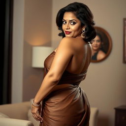 A middle-aged, curvy Tamil woman posing in a glamorous and seductive manner, showcasing her waist from the side while wearing a low hip saree