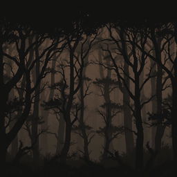 pixel art forest scene with dark, shadowy trees in brown and black tones