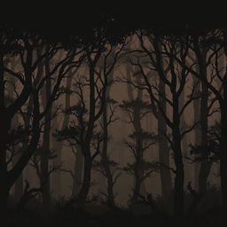 pixel art forest scene with dark, shadowy trees in brown and black tones