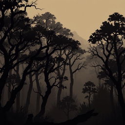 pixel art forest scene with dark, shadowy trees in brown and black tones