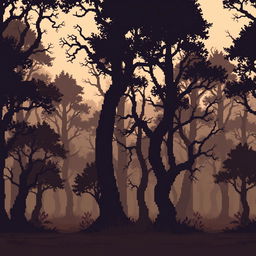 pixel art forest scene with dark, shadowy trees in brown and black tones