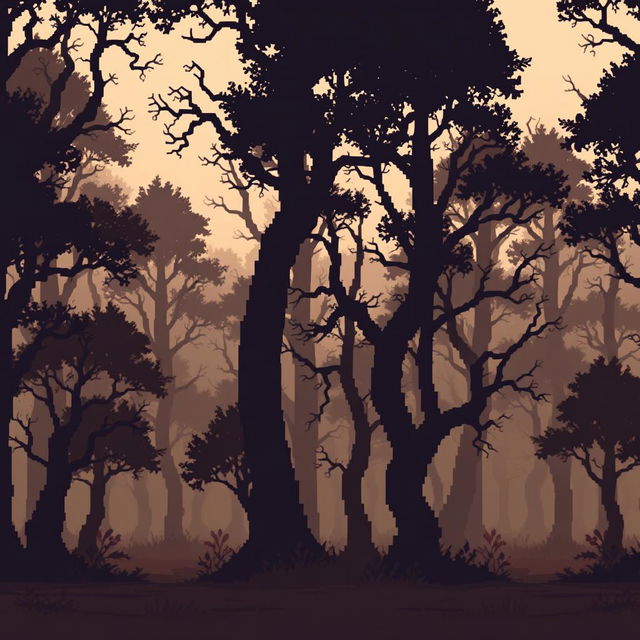 pixel art forest scene with dark, shadowy trees in brown and black tones