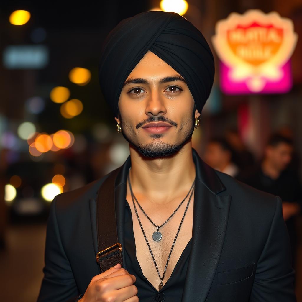 A confident and stylish person wearing a turban at a night scene, dressed in a sleek black outfit with fashionable accessories