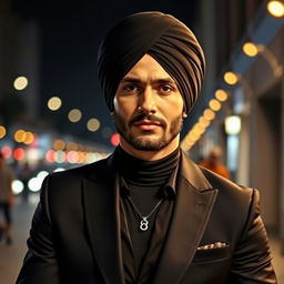 A confident and stylish person wearing a turban at a night scene, dressed in a sleek black outfit with fashionable accessories