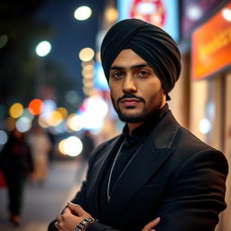 A confident and stylish person wearing a turban at a night scene, dressed in a sleek black outfit with fashionable accessories