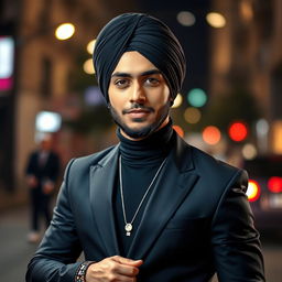 A confident and stylish person wearing a turban at a night scene, dressed in a sleek black outfit with fashionable accessories