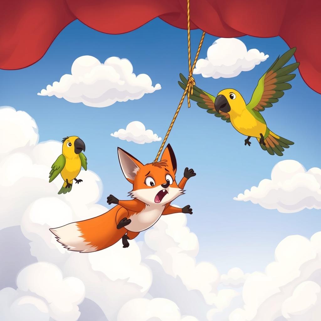 A dynamic and humorous illustration depicting the mischievous scene from the folktale 'La fiesta en el cielo'