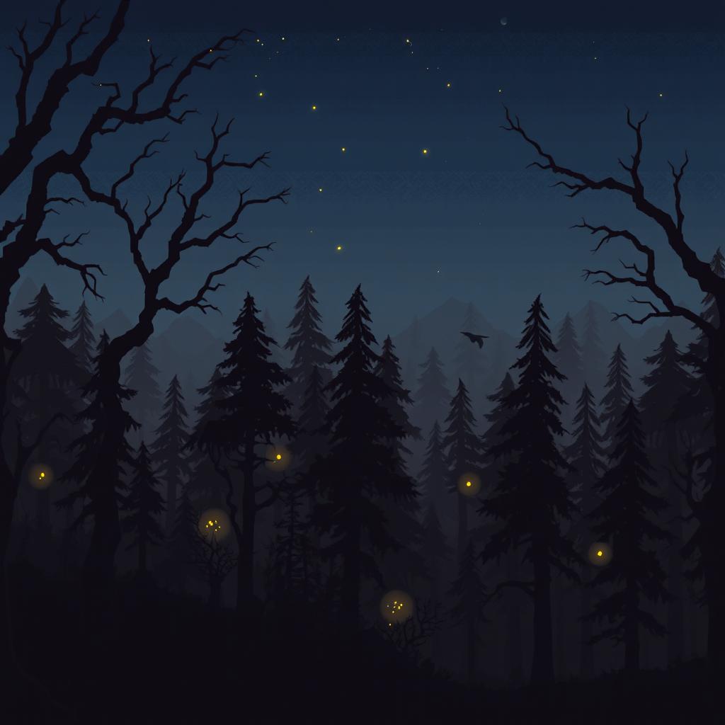 pixel art forest scene set at night with dark, shadowy trees in brown and black tones