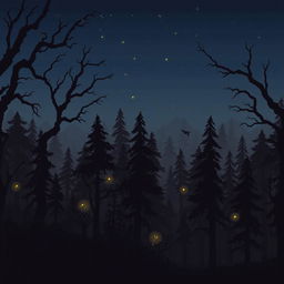 pixel art forest scene set at night with dark, shadowy trees in brown and black tones