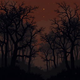 pixel art forest scene set at night with dark, shadowy trees in brown and black tones