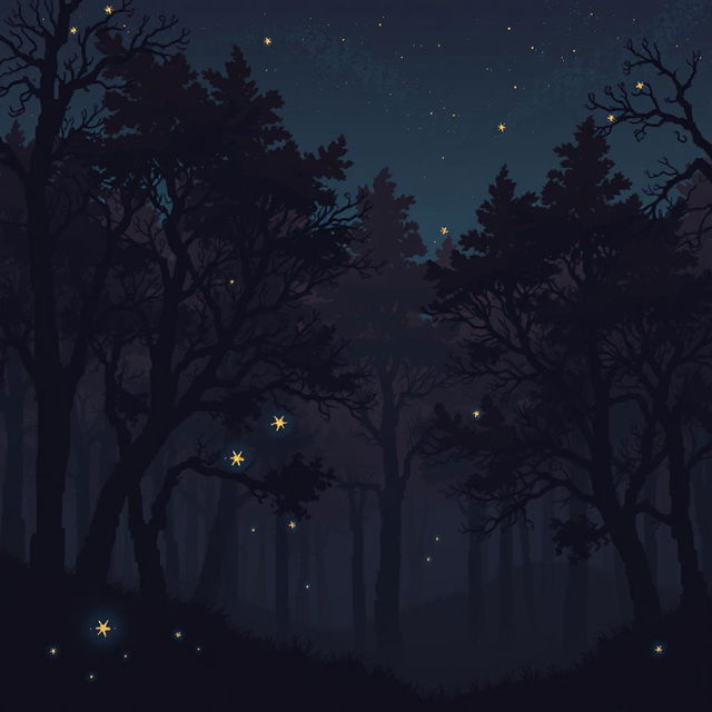 pixel art forest scene set at night with dark, shadowy trees in brown and black tones