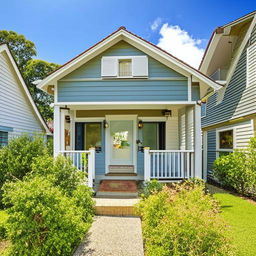 A charming two-storey house perfect for a family of four, equipped with comfortable living spaces, kid-friendly rooms, a lush backyard, and cozy homely details.