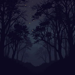 pixel art forest scene set at night with dark, shadowy trees in brown and black tones