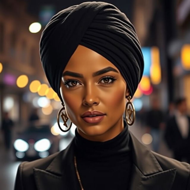 A confident and stylish person with similar facial features to the original, wearing a turban, in a night scene