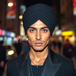 A confident and stylish person with similar facial features to the original, wearing a turban, in a night scene