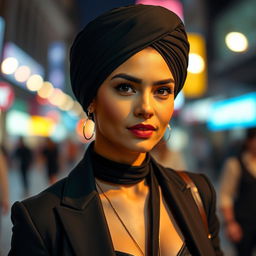 A confident and stylish person with similar facial features to the original, wearing a turban, in a night scene