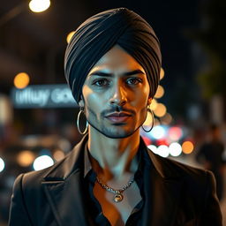 A confident and stylish person with similar facial features to the original, wearing a turban, in a night scene