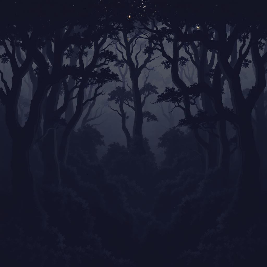 pixel art night forest scene with numerous dark shadowy trees in brown and black tones