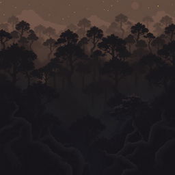 pixel art night forest scene with numerous dark shadowy trees in brown and black tones