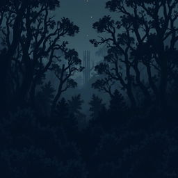 pixel art night forest scene with numerous dark shadowy trees in brown and black tones