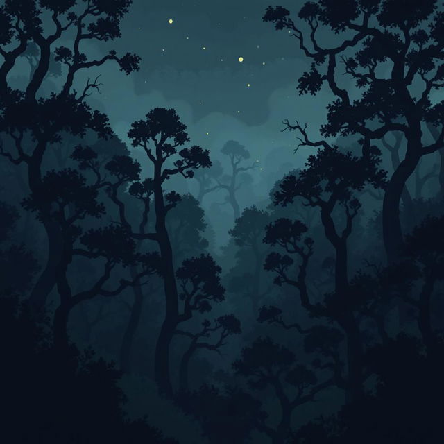 pixel art night forest scene with numerous dark shadowy trees in brown and black tones