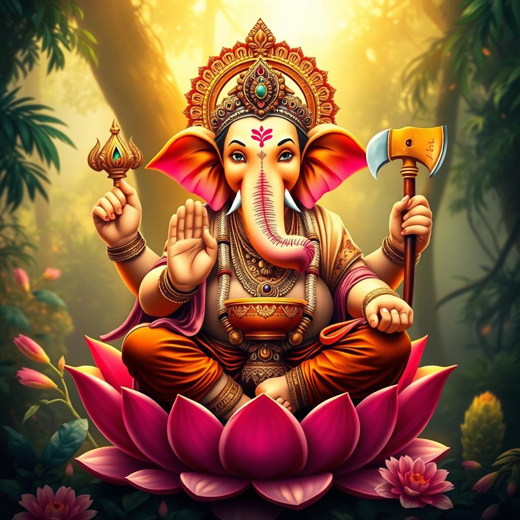 A majestic depiction of the Hindu deity Ganesha, portrayed with vibrant colors and intricate details