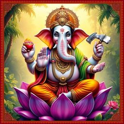 A majestic depiction of the Hindu deity Ganesha, portrayed with vibrant colors and intricate details