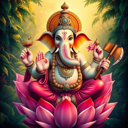 A majestic depiction of the Hindu deity Ganesha, portrayed with vibrant colors and intricate details