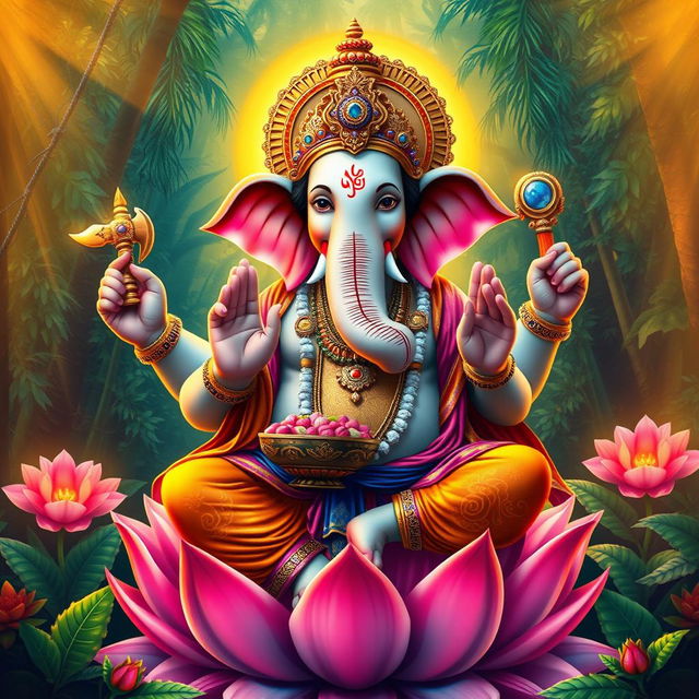 A majestic depiction of the Hindu deity Ganesha, portrayed with vibrant colors and intricate details