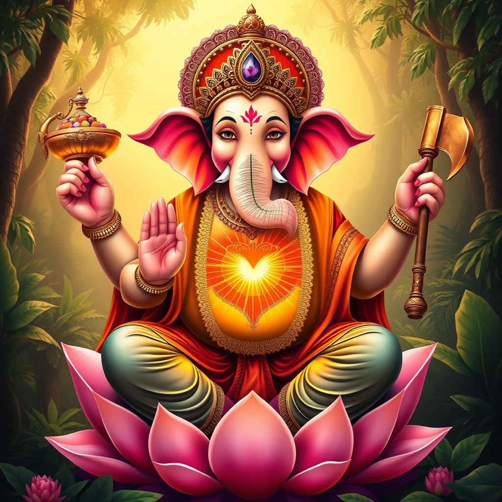 A majestic depiction of the Hindu deity Ganesha, portrayed with vibrant colors and intricate details