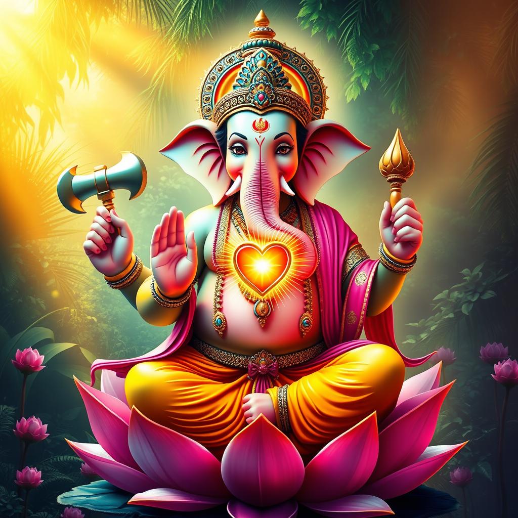 A majestic depiction of the Hindu deity Ganesha, portrayed with vibrant colors and intricate details