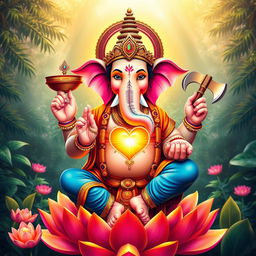 A majestic depiction of the Hindu deity Ganesha, portrayed with vibrant colors and intricate details