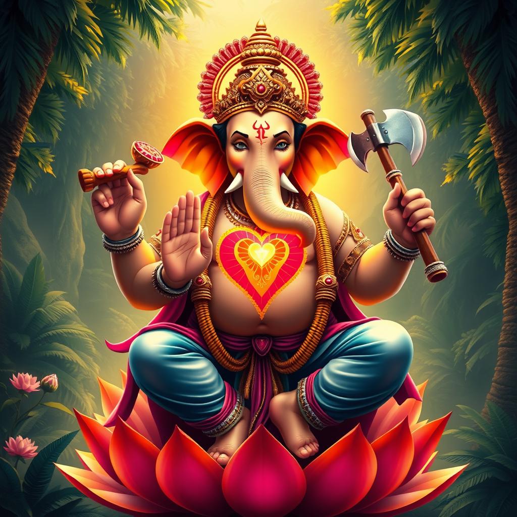 A majestic and powerful depiction of the Hindu deity Ganesha, portrayed with vibrant colors and intricate details