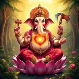 A majestic and powerful depiction of the Hindu deity Ganesha, portrayed with vibrant colors and intricate details