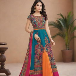 An elegant and fashionable dress with intricate designs and a vibrant color palette.