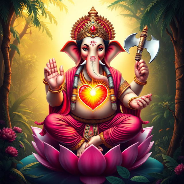 A majestic and powerful depiction of the Hindu deity Ganesha, portrayed with vibrant colors and intricate details